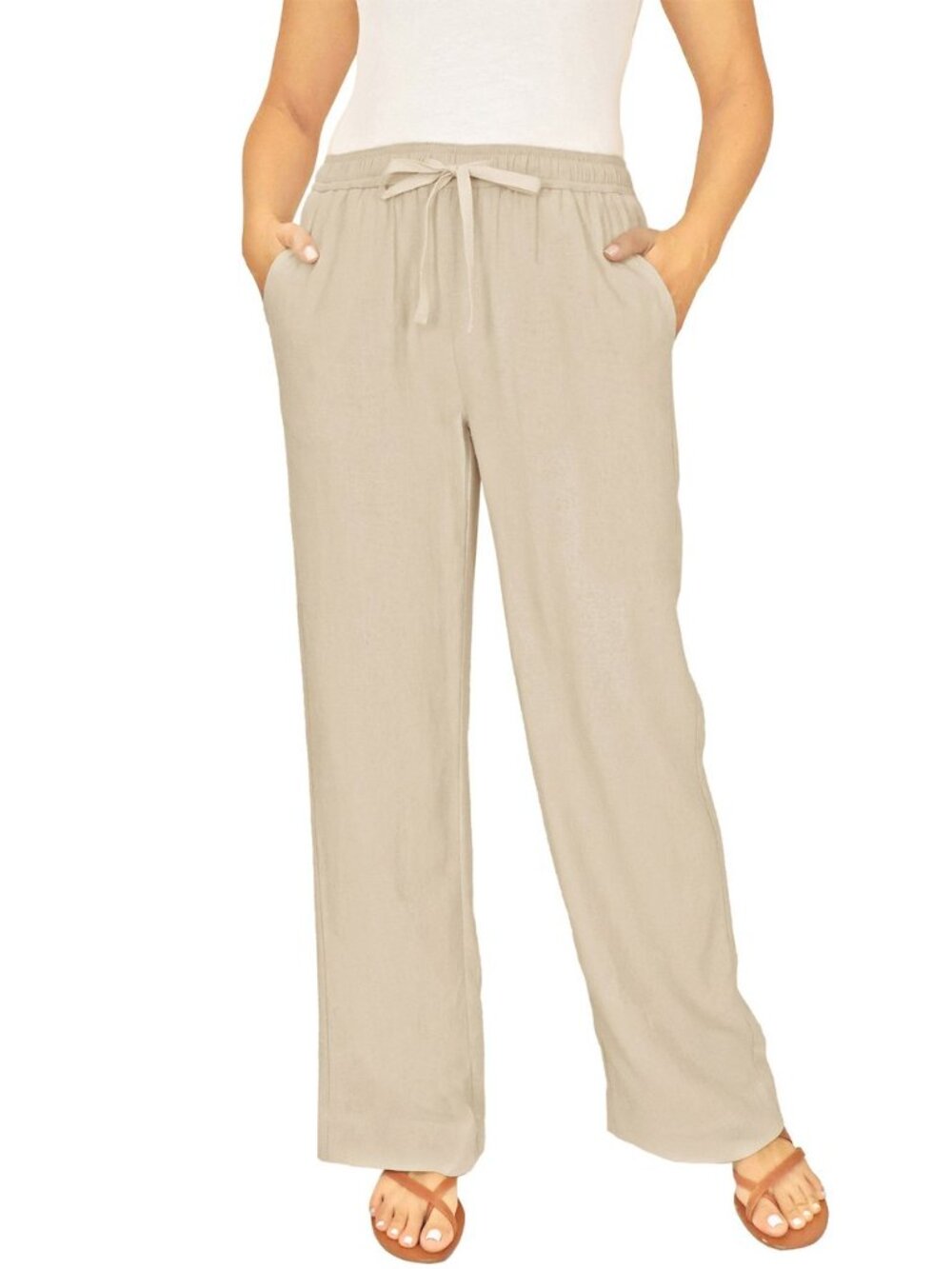 Briggs Women XXL Wide-Leg Linen Khaki Tan Elastic Waist Palazzo Pants Resortwear
